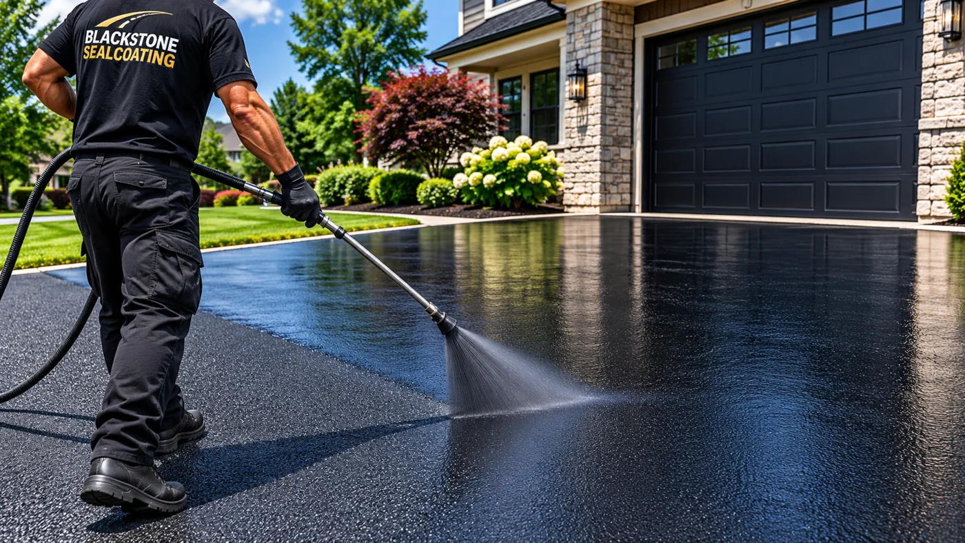 Illustration of a worker using spray equipment to apply driveway sealer